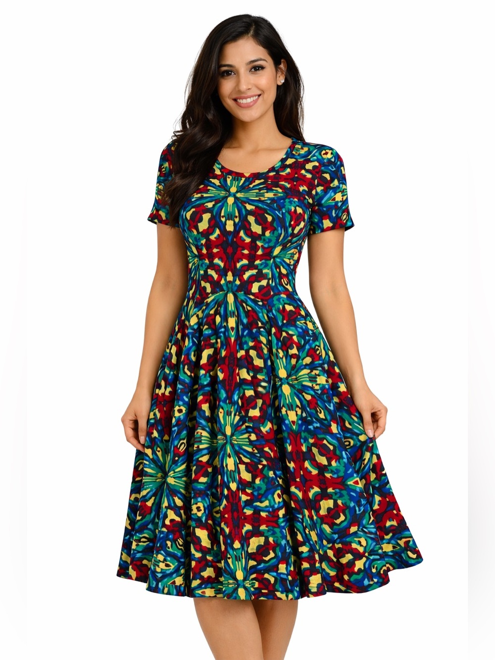 Women's Short-Sleeve Fit & Flare Dress in Multicolor Kaleidoscope